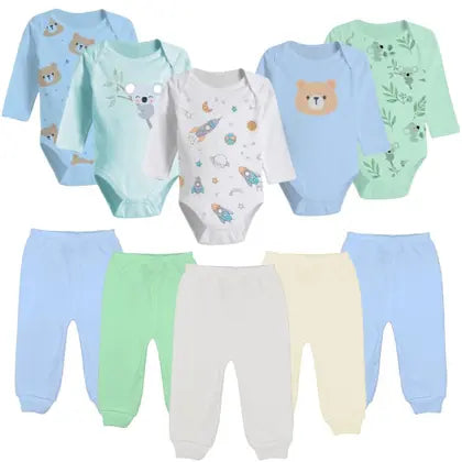 Kit 10 Pçs Bebê Body Longo Estampado ou Liso e Mijão Algodão - Koala Baby